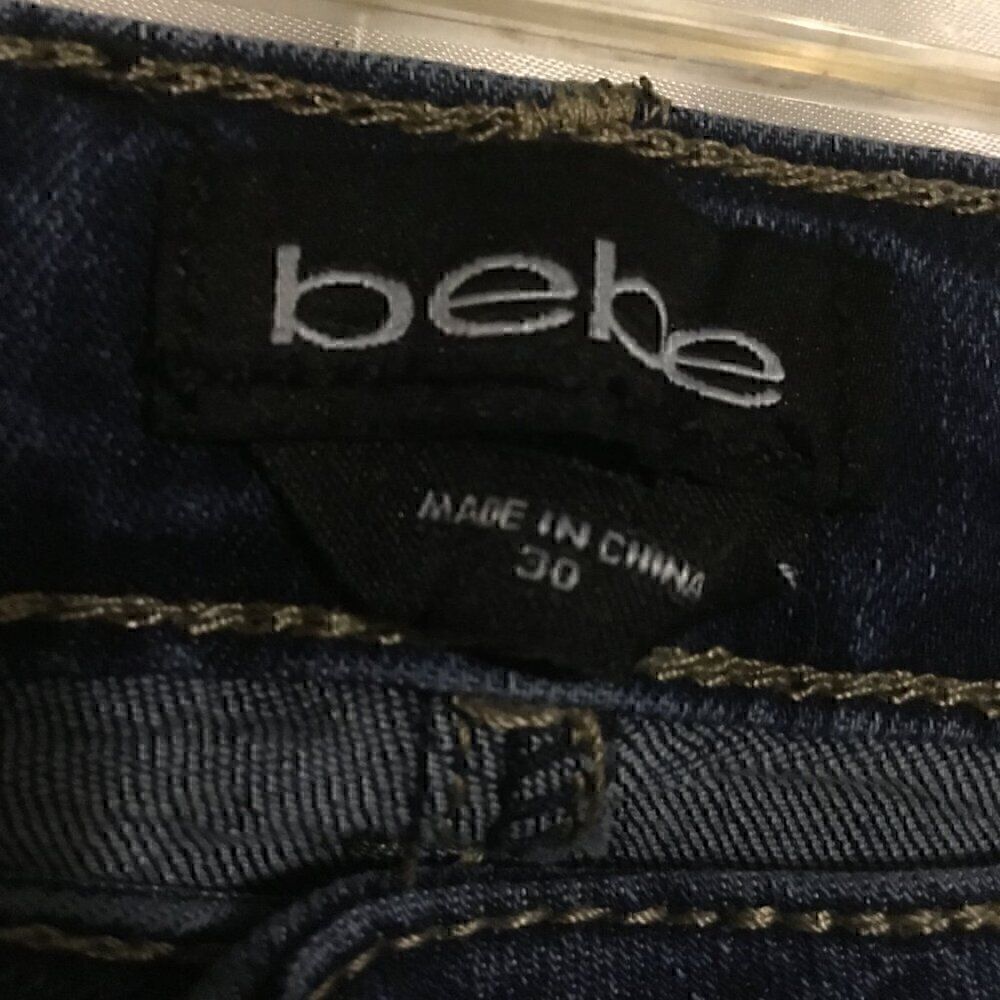 Bebe Destroyed Distressed Rhinestone Dark Wash Blue Skinny Jeans 30 - Picture 3 of 11